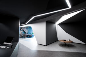 Slim, linear lighting guides visitors between the spaces